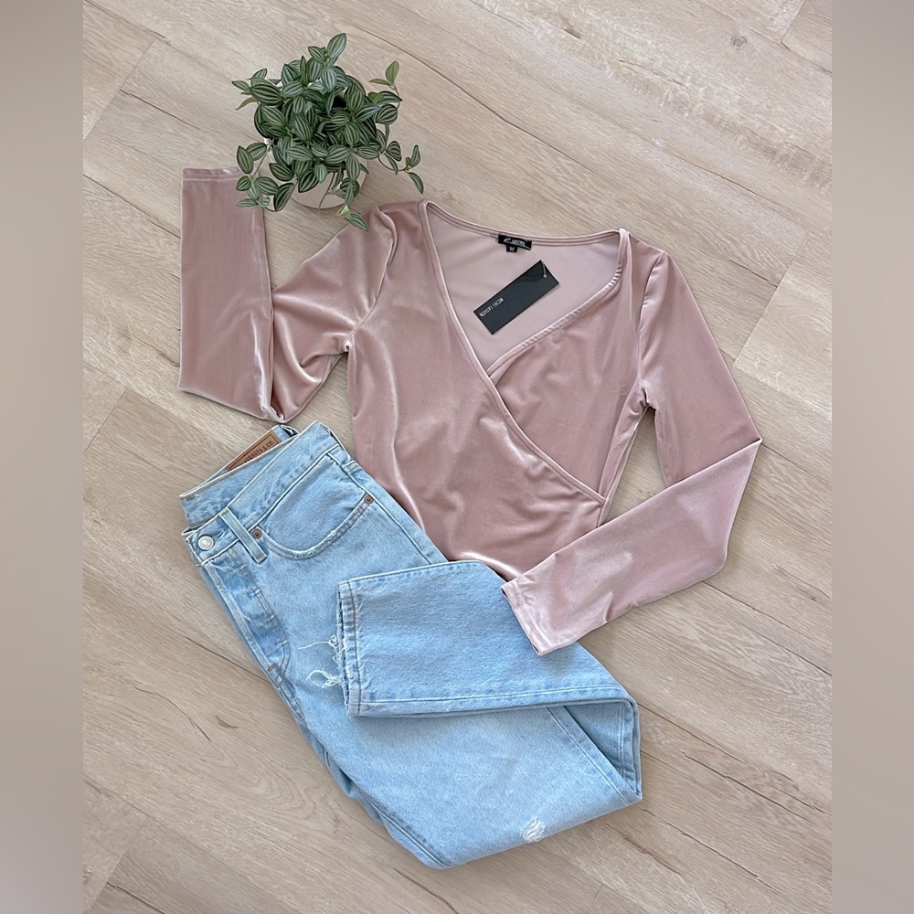 NWT Pink Velvet Long Sleeve Surplice Bodysuit